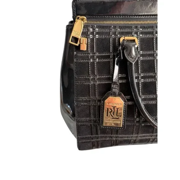 Lauren Ralph Lauren Womens Black Patent Leather Crossbody Satchel Bag Large - Picture 11 of 14